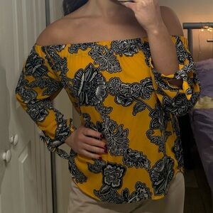 Express Yellow and Black Floral Off-Shoulder Blouse